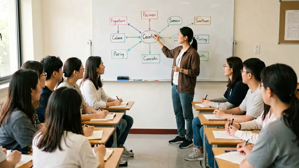 爱妻艺入门课堂场景，学员围坐交流，导师在白板上梳理核心理念框架