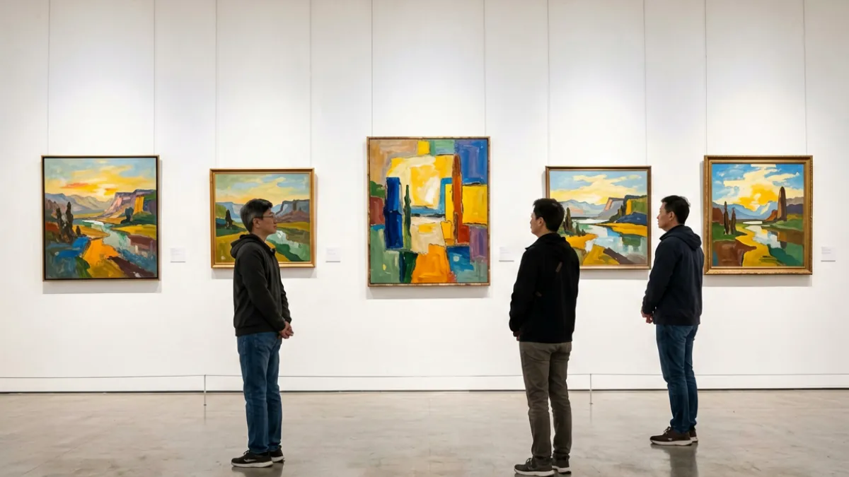 爱妻艺线下展览现场，参观者在专注欣赏展出作品，展墙色彩丰富