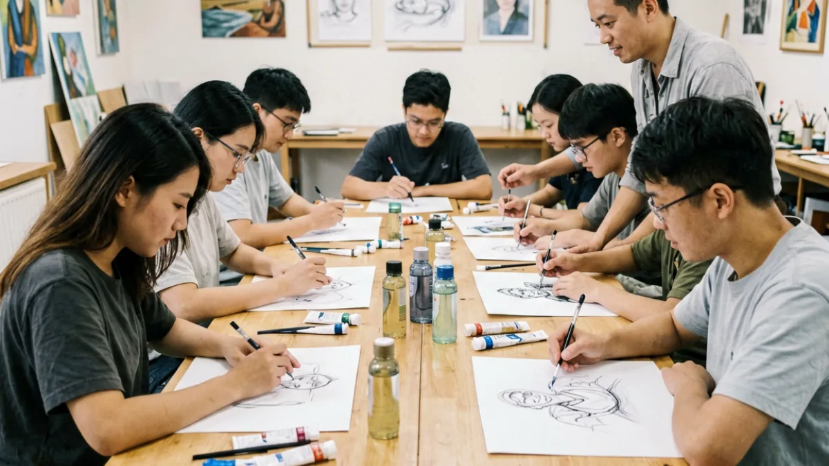 爱妻艺工作坊课堂，学员围坐操作台练习基础技法，现场氛围专注热烈