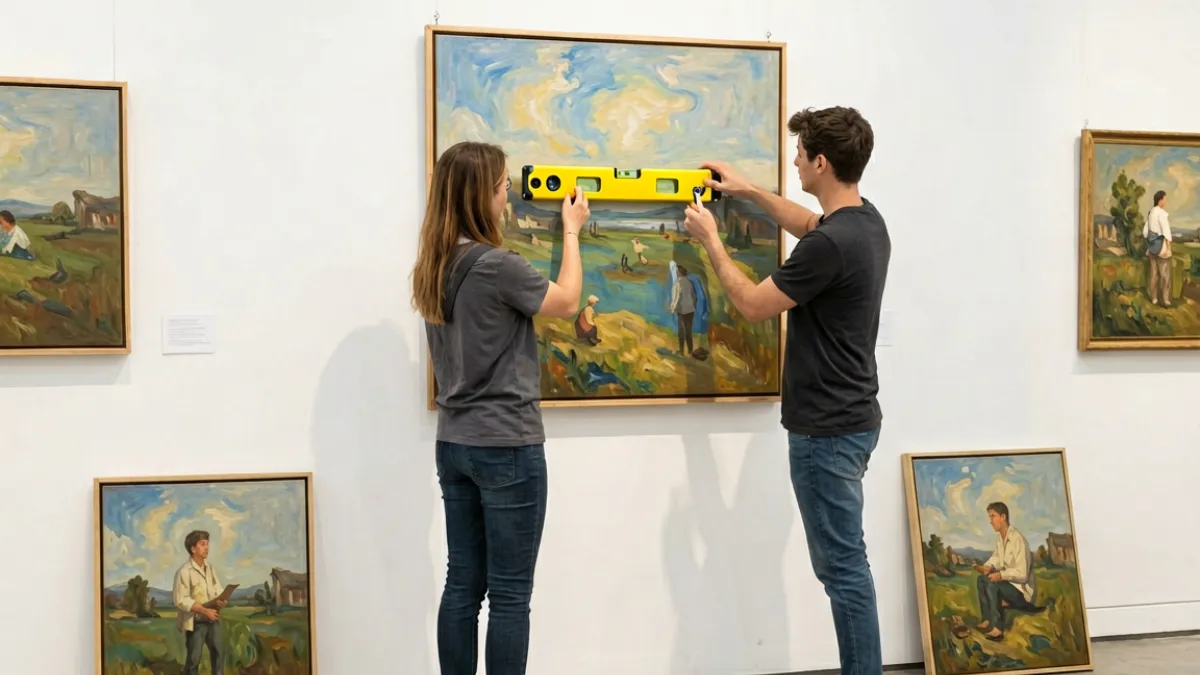 爱妻艺社区联展布置过程，志愿者正在悬挂作品，空间布局整洁有序